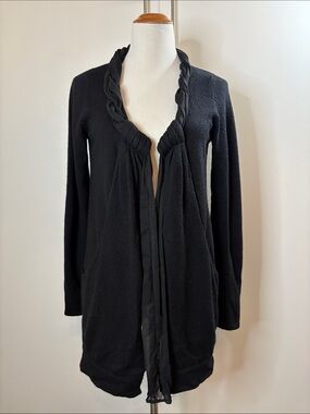 Neiman Marcus 100% Cashmere Black Open Cardigan w Gauze Braid M